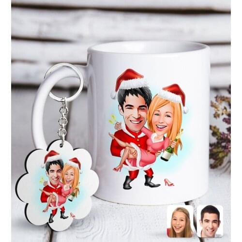 Personalized New Year Valentine Caricature Of White mug And Keychain Gift Seti-2