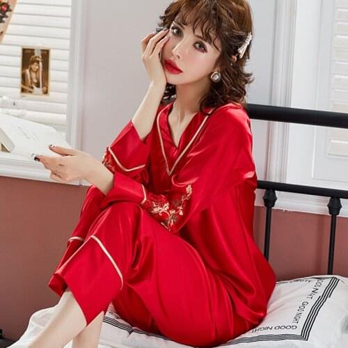 2020 Silk Long Sleeve Pijama Women Summer Plus Size 2 Piece Set Ice Silk Pijama Stitch V-neck Sexy Home Wear Spring Pygama Femme