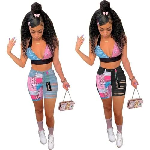 Casual Bandana Print Patchwork Denim Shorts Jeans for Women Fashion Hole Streetwear Short Pants Female Bottoms 2021