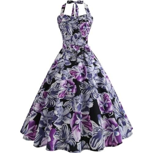 Retro Vintage Style Sleeveless with Bow 3D Skull Floral Printed 2018 Summer Women Dress Halter Party Sexy Casual Dress