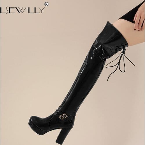 Lsewilly Patent Leather Sexy Thigh High Heel Boots Winter Platform Red Black Women Over the Knee Boots Big Size 48 Lady Shoes