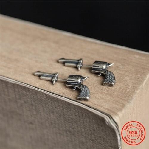 MKENDN Real 925 Sterling Silver Creative Retro 3D Three-dimensional Gun-shaped Stud Earrings Men Women Fashion Spoof Jewelry