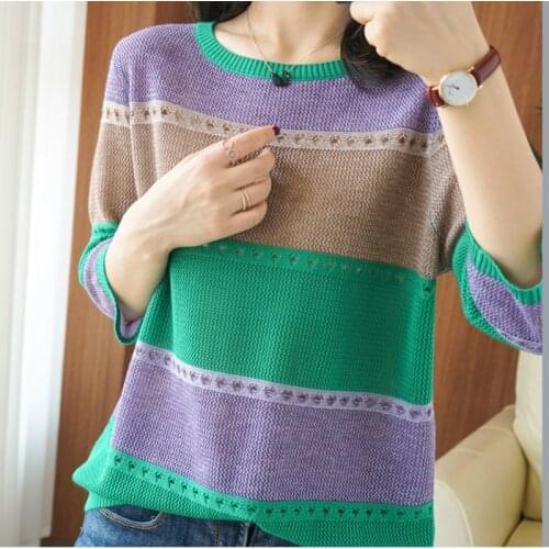 GGRIGHT Hollow Out Knitted T Shirt Women Clothes 2021 Summer Woman Three Quarter Striped Tops Casual T-Shirt Tee Shirt Femme