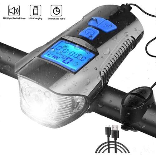 Waterproof Bicycle Light USB Rechargeable Bike Front Light Flashlight with Bike Computer LCD Speedometer Cycling Head Light Horn