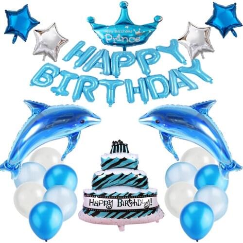 21pcs/Set Dolphin Ocean Theme Party Balloon Prince Crown Big Cake Shaped Ballon Children Baby Birthday Decor Boy Background Wall