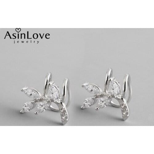 AsinLove Elegant Zircon Leaves Ear Clip Earrings Real 925 Sterling Silver Earrings for Women Gift Handmade Design Fine Jewelry