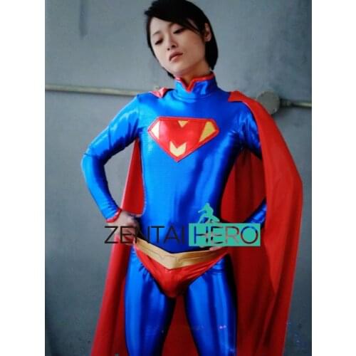 Super Heroine Womens Bodysuits Blue Shiny Girl Lady Hero Zentai Catsuit Spandex Movie Sexy Superhero Suit with Cape
