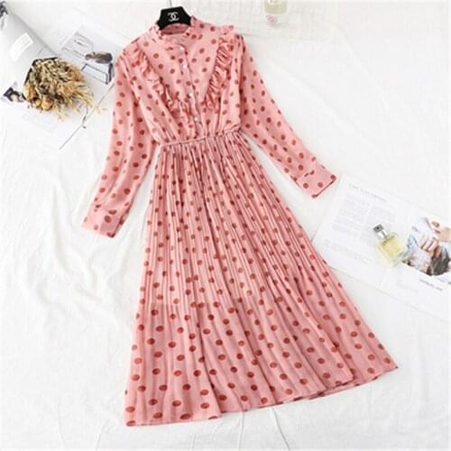 Vintage O-neck A-line Women Chiffon Dress 2020 Spring Print Full Sleeve Midi Female Dress Summer Party Vestidos femme 111