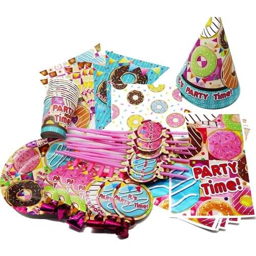 90pcs Doughnuts Birthday Party Tableware Set Plates Cups Napkins Tablecloths Straws Gift Bags Chocolate Donut Birthday Supplies