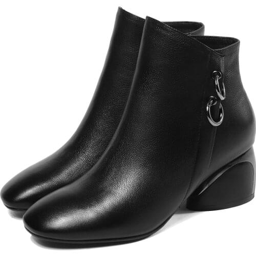 Plus size 41 womens genuine leather med heel comfortable autumn ankle boots side zip ring decoration soft short booties shoes