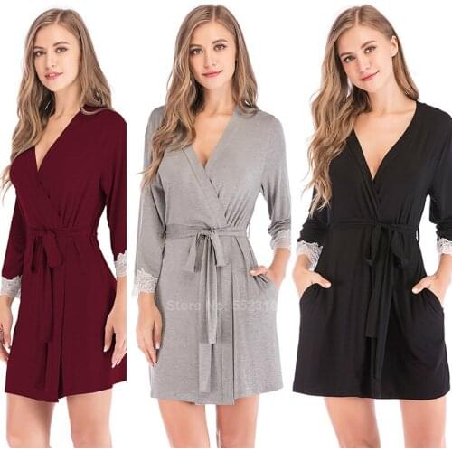 Bridesmaid Robes for Women Modal Cotton Sexy Lace V-neck Lounge Bathrobe with Belt Comfortable Female Home Sleepwear Dressing