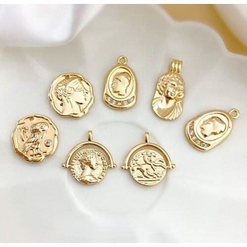 18K gold inlaid zircon micro-relief European retro portrait owl pendant DIY earrings necklace jewelry material