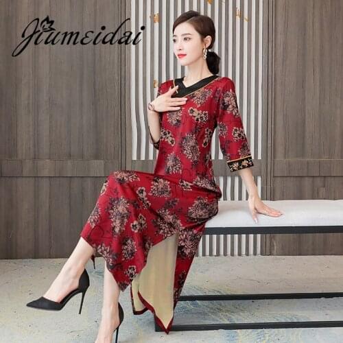 JiuMeiDai 2020 Women Chinese Style Long Dress Office Lady Elegant Print Dresses Female V-Neck Vintage Party Cheongsam Plus Size