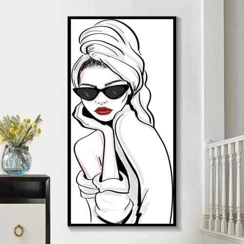 Fashion Woman Wearing Sunglasses Minimalism Canvas Wall Art Black and White Painting Picture for Bedroom Living Room Decoration