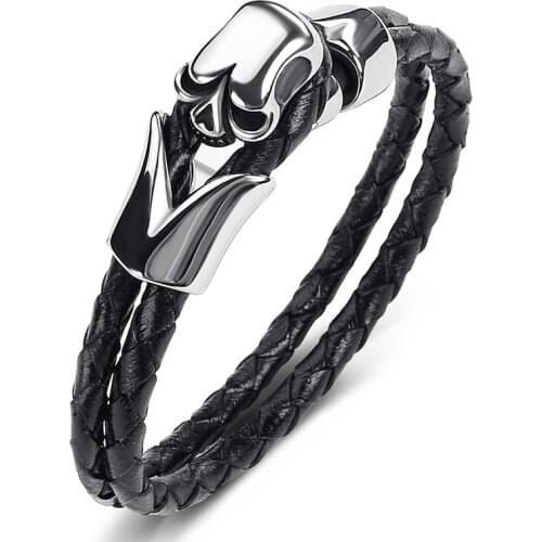 Classic Double Leather Braided Bracelet Men Stainless Steel Skull Male Punk Wristbands Hand Bangles Charm Fashion Jewelry P517