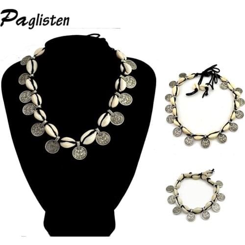 Hot Sale Bohemian vintage velvet rope natural shell Ethnic Carved Coins Necklaces&Bracelet Set for Women Fine Jewelry Colar
