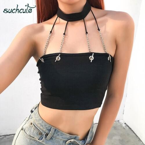 SUCHCUTE t shirt For Women Halter Metal Black Female Tops Modis Summer 2019 Streetwear Harajuku Korean Style Festival Clothes