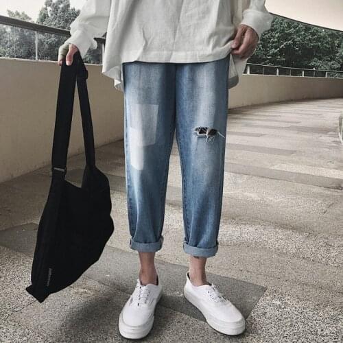 Wholesale 2020 Fashion Casual harem street hip hop Shattered jeans mens summer trendy loose patch thin straight casual pants