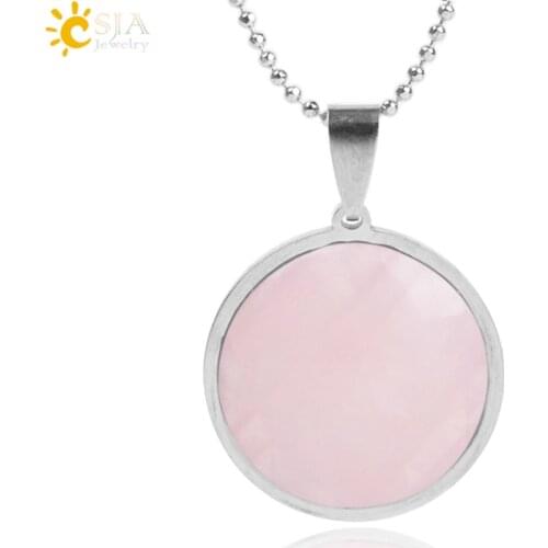 CSJA Reiki Natural Round Necklace Pendants Gem Stone Stainless Steel Tiger Eye Pink Quartz Lapis Lazuli Opal Chakra Jewelry F004