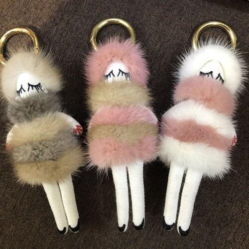 Real Mink Fur Luxury lady doll Keychain Bag Pompom Bag Charm KeyRing Luxury Car Jewelry Pendant