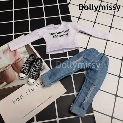 Doll’s Blyth Clothes Letter Long Sleeve T-shirt +Jeans for blyth Braking Pants for ob24,Pullip,Azone,ob24 1/6 Doll Accessories