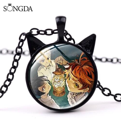 Anime The Promised Neverland Character Cat Ear Necklace Cartoon Photo Glass Cabochon Chain Necklace For Women Men Jewelry