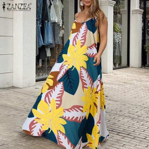 2021 ZANZEA Women Dresses Bohemian Summer Print Maxi Vestidos Casual Strap Sleeveless Loose Long Sundress Ladies Oversize Robe