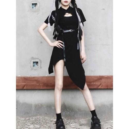 Ruibbit Gothic Girls Dresses Irregular Hollow Out Sexy Slim Cheongsam Women Dresses Short Sleeve Black Punk Dress