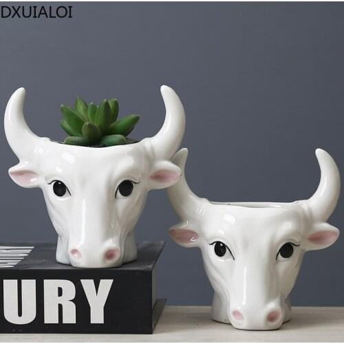 Modern minimalist creative white ceramic animal cow sculpture flower pot succulent potted desktop green plant decoration