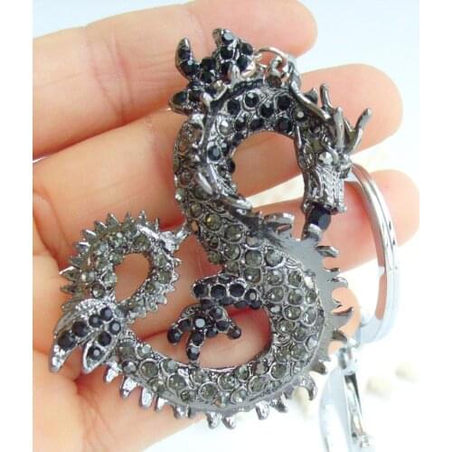 Unique 2.36" Chinese Dragon Keychain Black Gray Austrian Crystal Pendant K02980C11