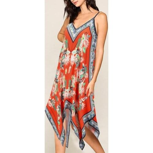 Retro V-Neck Irregular Print Sling Dress Folk Custom Loose Floral Dresses Leisure Sleeveless Sundress Womens Clothing Summer