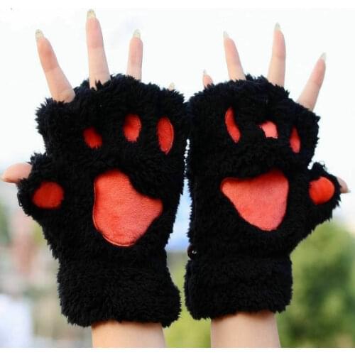 Women Cute Cat Claw Paw Plush Mittens Warm Soft Plush Short Fingerless Fluffy Bear Cat Gloves Costume Half Finger Black Beige