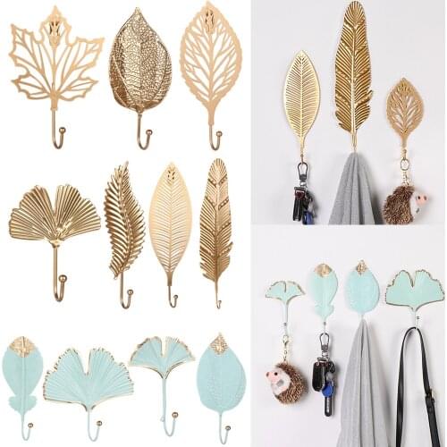 1PC Nordic Style Wrought Iron Hook Leaf Shape Wall Hanger Gold/Green Hanging Storage Rack Home Decoration Bathroom Organizer