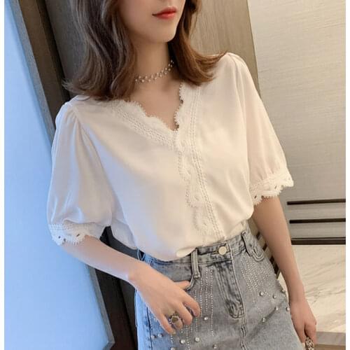 Womens Shirt Top Five-Quarter Sleeve Loose Korean Summer T-Shirt Lace Chiffon Patchwork Shirt Y2g Tops Aesthetic Clothes