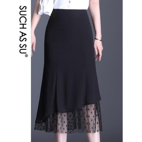 Spring Summer 2021 Women All-match Ruffles Black Mid Long Mermaid Skirt High Waist S-XXXL Plus Size Slim Chiffon Skirt Female