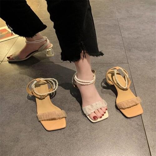 Womens Sandals Summer 2021 High Quality Crystal Thick Heel Shoes Fashion Pearl Bandage Comfortable Breathable Sandale Compensée