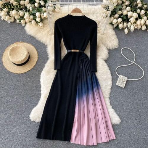 Spring Autumn Knitting Sweater Dress Women O Neck Long Sleeve Gradient Vintage Dress Elegant Evening Party Office Dresses Female