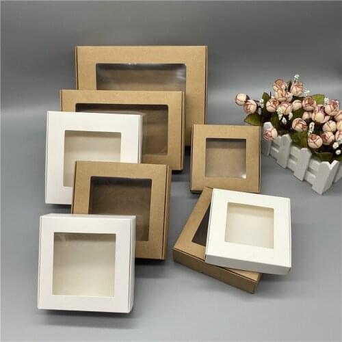 15Pcs Kraft Paper Box Clear PVC Windows Handmade Soap Box White Craft Paper Gift Box Black Packaging Jewelry Boxes