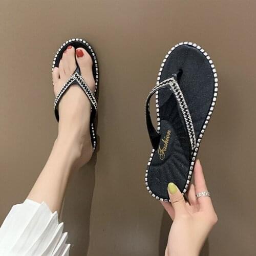 2021 Spring/Summer Women Slippers color Flat Bottom Non-slip Rhinestone Square Toe Flip Flops Outdoor Leisure Sandals