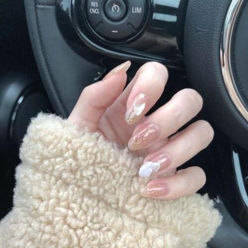 24pcs Nude Color Hill Feathers Paillette Decorative Fake Nails Super Fairy Suitable Girls Wearable Finished Fungernails MH88