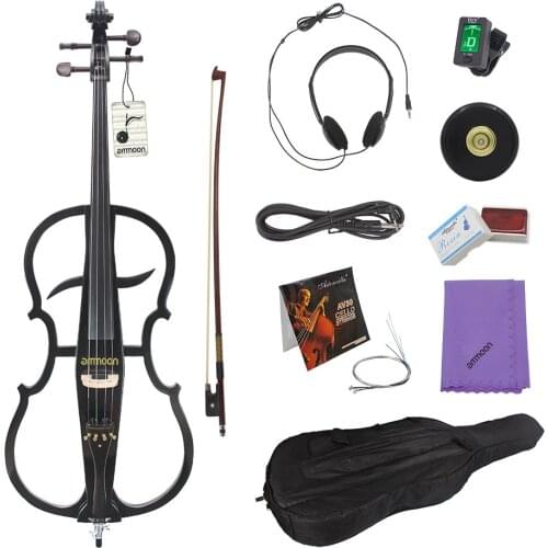 Ammoon 4/4 Solid Wood Electric Cello Violoncello Ebony Fittings in Style 1 with Tuner Headphone Gig Bag
