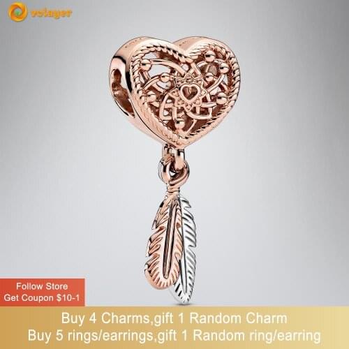 Volayer 925 Sterling Silver Bead Openwork Heart & Two Feathers Dreamcatcher Charm fit Original European Bracelets Women Jewelry