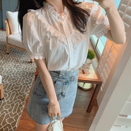 White Lace Embroidery Ruffled Blouse Women Chic V-neck Puff Short Sleeve Shirt Summer Holiday Style Elegant Tops