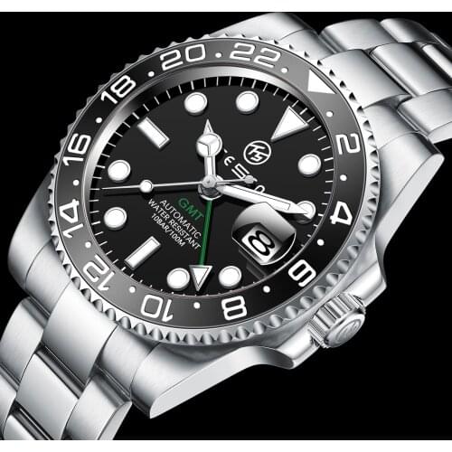 TESEN TOP Luxury Brand Mens Watches Automatic Mechanical Waterproof GMT Watch Men Luminous 316L Stainless Steel Wristwatch