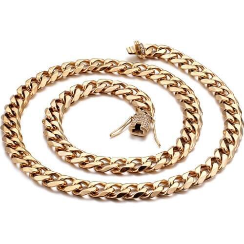 GNAYY Hip-Hop Mens Jewelry AAA crystals CZ Stone stainless steel Fashion Large curb chain necklace Gold tone 15mm 76cm (30 inch)