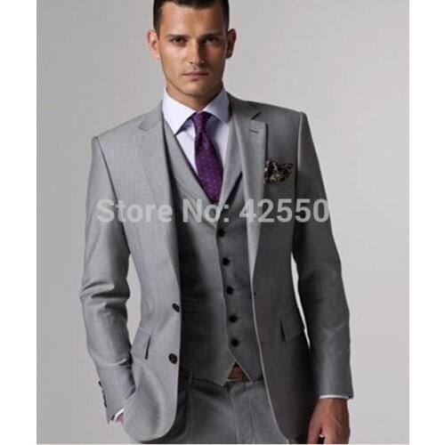 Custom Made 2020 Light Grey Business Men Suit Groom Tuxedos Groomsmen Formal Wedding Blazer Mens Wedding Suits Costume Homme