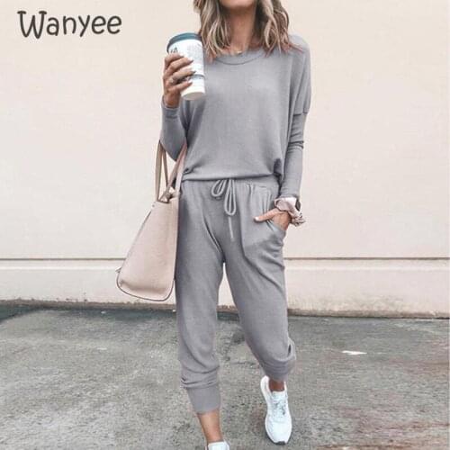 Two Piece Outfits Set Top+Sweatpants Women Pullover Streetwear Clothes Ladies Loose Solid Color Long-Sleeved Casual Sportswear