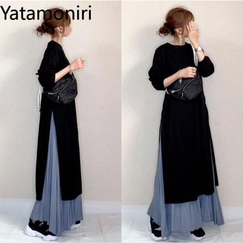 Yatamoniri Japan Style Autumn 2 Piece Set Women Solid O-Neck Long Sleeve Dress+Stretch High Waist Skirts Fashion Suits