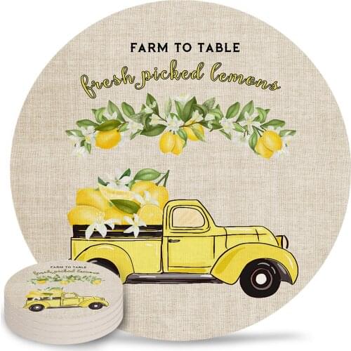 Summer Lemon Truck Yellow Coasters Coffee Table Decor Kitchen Accessories Ceramic Coaster Dinning Table Decoration Placemats