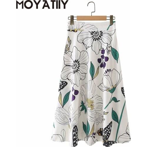 MOYATIIY Fashion Women Retro Midi Skirts 2021 New High Waist Flower Butterfly Print Skirts A-Line Female Buttoms